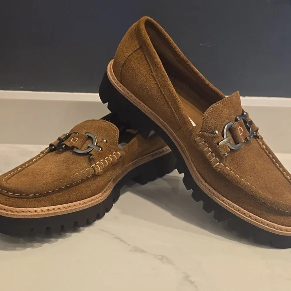 HELIO DONALD PLINER Brown Saddle Suede Leather Loafers Womens Lug Sole New 7.5 - Picture 6 of 10